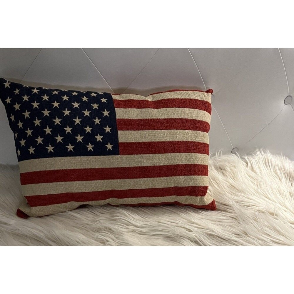 American Flag Tapestry Throw Pillow Patriotic Stars Stripes Red White Blue 20”